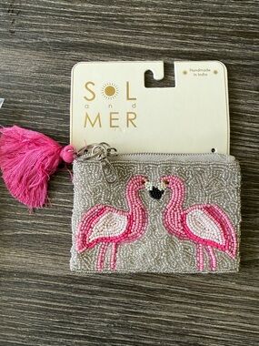NWT Beaded Pink Flamingo Zipper Pouch